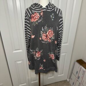 Striped Sleeve Floral Hoodie - Dark Gray with Pink Roses
